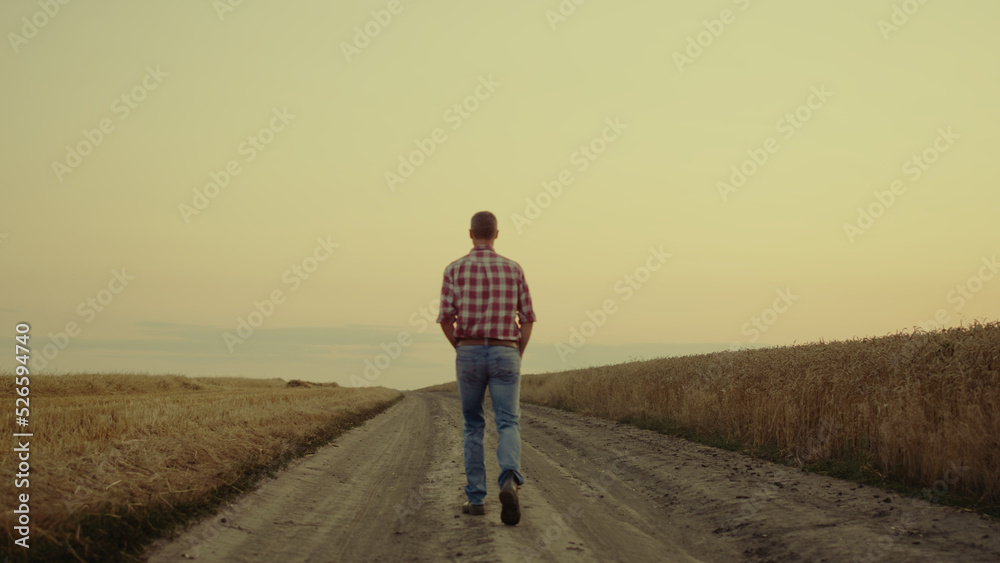 Man farmer walking at road sunset field alone. Business agronom countryside