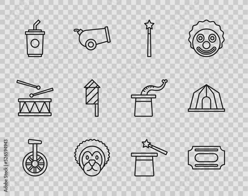 Set line Unicycle or one wheel bicycle, Circus ticket, Magic wand, Wild lion, Paper glass with water, Firework rocket, hat and tent icon. Vector