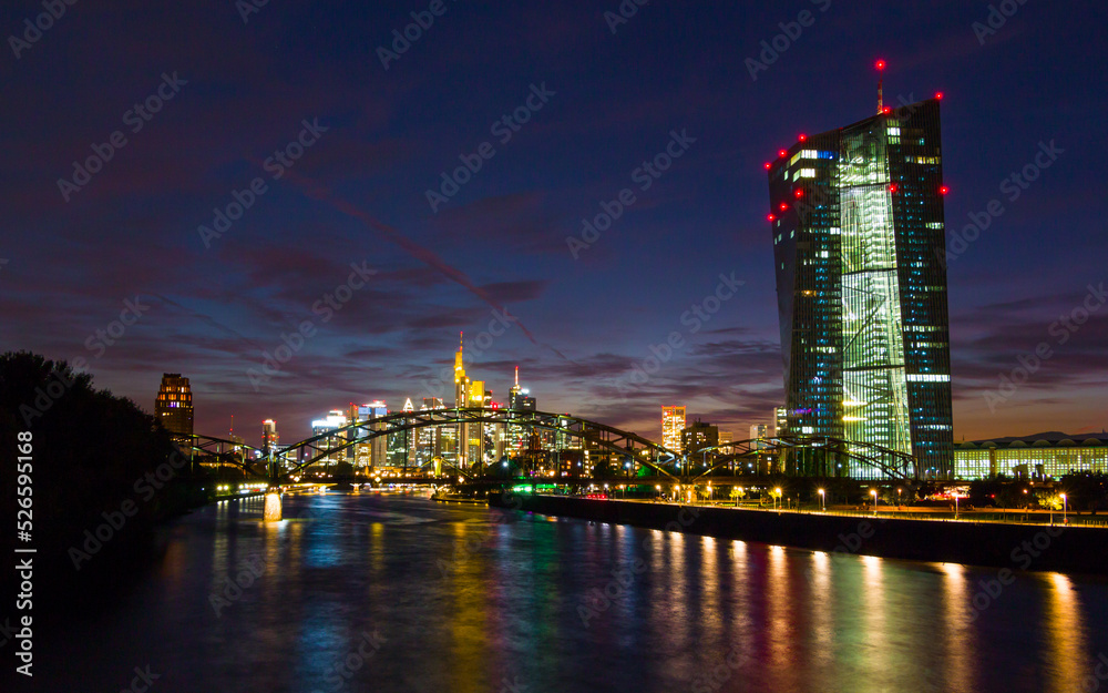 Night Skyline of Frankfurt am Main, Germany, with the European Central Bank (ECB) tower at the right
