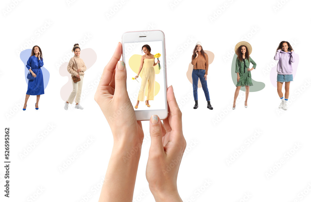 Naklejka premium Collage of young woman in different stylish clothes and female hands with mobile phone on white background. Online shopping