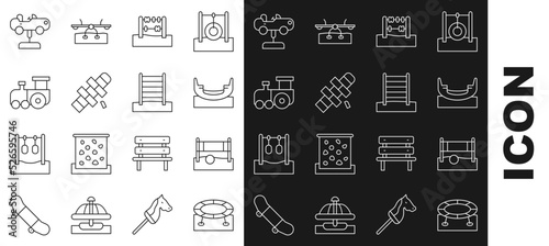 Set line Jumping trampoline, Volleyball net with ball, Boat swing, Abacus, Hopscotch, Toy train, Swing car and Swedish wall icon. Vector