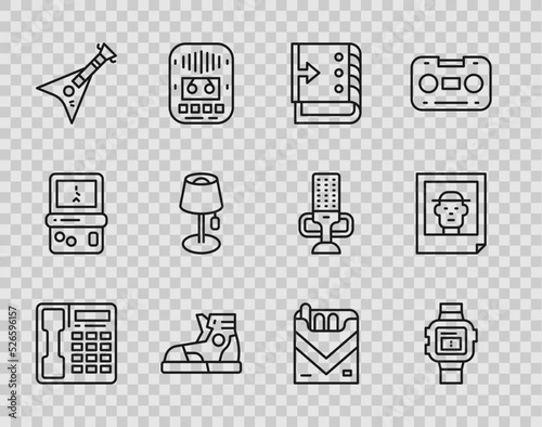 Set line Telephone handset, Wrist watch, Sound mixer controller, Sport sneakers, Electric bass guitar, Floor lamp, Cigarettes pack box and Photo icon. Vector