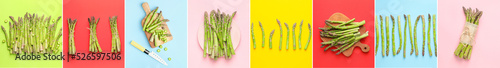 Collage of healthy asparagus on color background, top view