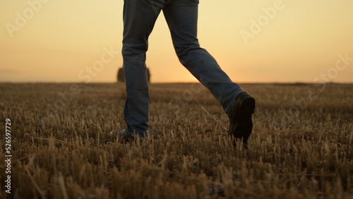 Farmer boots walk field with haystack at golden sunset closeup. Rural concept