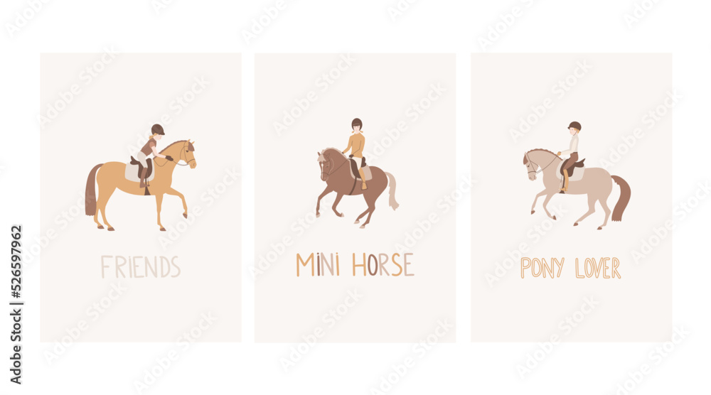 Set of postcards in a children's style with young riders on ponies