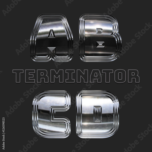 Alphabet letter set with chrome texture and liquid metal effect, futuristic 3D robot abc, extra bold, unique uppercase font design with individually textured characters for technology, movie, digital 