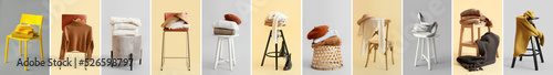 Fotografie Collage of furniture with warm autumn clothes and accessories on light backgroun