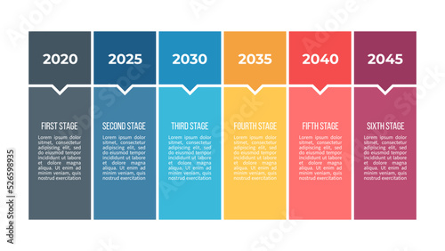 Business process. Chart with 6 steps, options, sections. Vector template.
