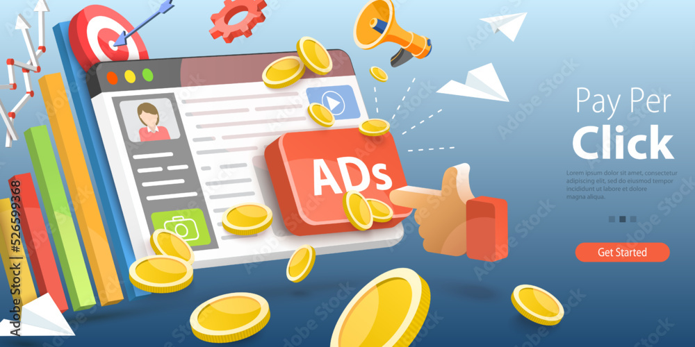3D Vector Conceptual Illustration of Pay Per Click, Internet Marketing and Online AD 3D Vector Conceptual Illustration of Pay Per Click, Internet Marketing and Online AD