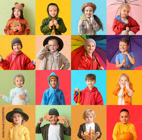 Collage with little children in autumn clothes on colorful background