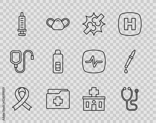Set line Awareness ribbon, Stethoscope, Joint pain, knee pain, Patient record, Syringe, Digital thermometer, Hospital building and Pipette icon. Vector