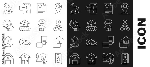 Set line Online real estate, Credit card, Bicycle rental mobile app, House contract, with dollar, Time is money, key and percant icon. Vector