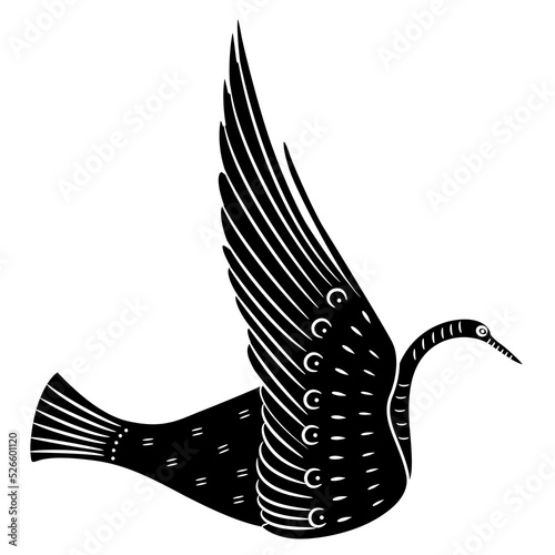 Flying bird. Swan or dove. Ancient Greek animal design. Vase painting style. Black and white negative silhouette.