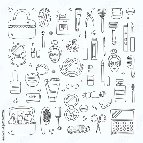 Natural body, hair, nail, skin care cosmetic. Beauty product and treatment. Health care. Natural woman beauty, skincare. Hand drawn vector isolated set of doodles about beauty. Bottles, jars.