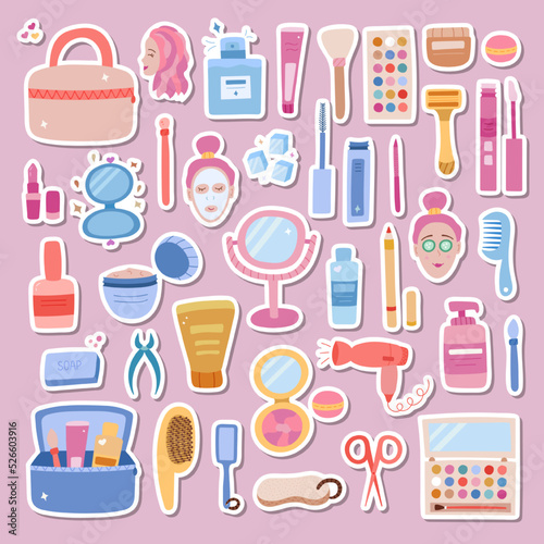 Big set of stickers about natural woman beauty, skincare for planners. Ready for print list of cute stickers. Cosmetic products, accessories, bottles. Hand drawn vector isolated set of illustrations.