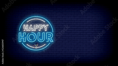 Fotografia Happy Hour Neon Sign Vector Illustration