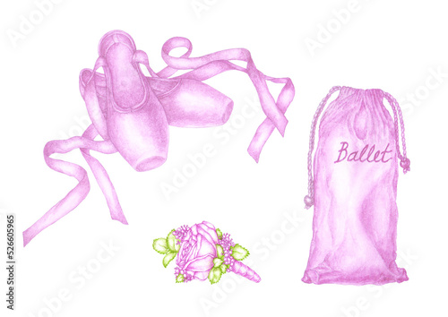 An isolated watercolor image of a pair of pointes, a ballet shoe bag with a writing "Ballet", a small bouquet of a rose and other flowers with a paper texture for the design of text, labels and cards