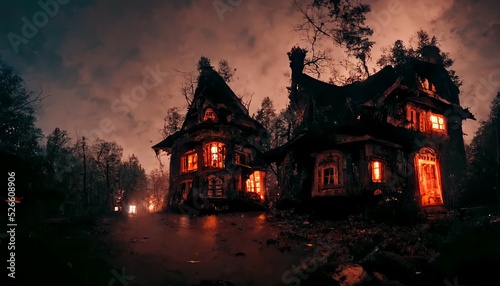 Camera footage in front of an old ultra detailed haunted house in a forest at night
