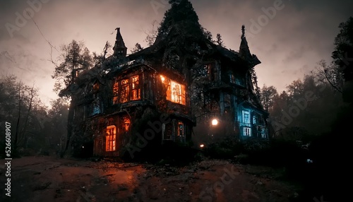 Camera footage in front of an old ultra detailed haunted house in a forest at night © esska