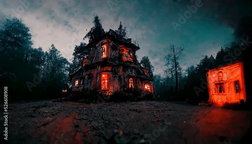 Camera footage in front of an old ultra detailed haunted house in a forest at night