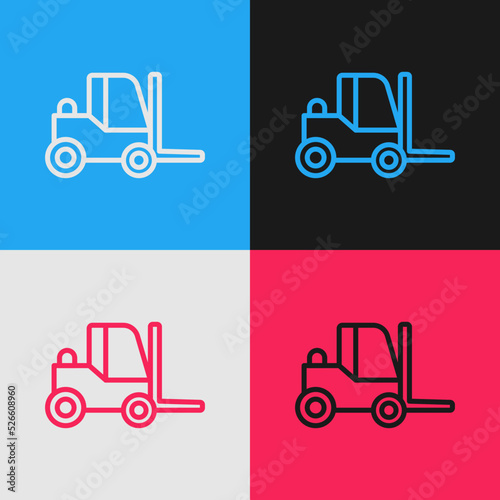 Pop art line Forklift truck icon isolated on color background. Fork loader and cardboard box. Cargo delivery, shipping, transportation. Vector