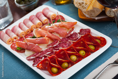 Chorizo, fuet, jamon salami bacon spanish meat antipasto platter