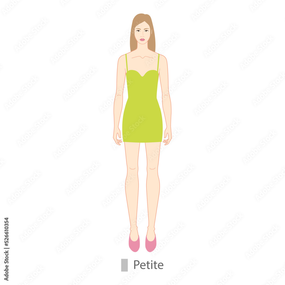 Woman petite body shape character in dress. Female Vector illustration silhouette 9 nine head size lady figure front view. Vector isolated outline sketch girl for fashion sketching and illustration. Woman petite body shape character in dress. Female Vector illustration silhouette 9 nine head size lady figure front view. Vector isolated outline sketch girl for fashion sketching and illustration.