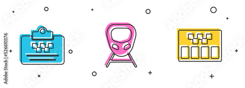 Set Taxi driver license, High-speed train and Taximeter icon. Vector
