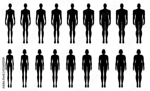 Set of Silhouette Men and Women Fashion template 9 nine head size Croquis over plus size Gentlemen Lady model body figure. Vector outline boy girl for Fashion Design, Illustration, technical drawing