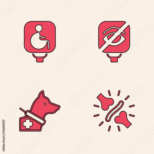 Set Joint pain, knee pain, Disabled wheelchair, Blindness and Guide dog icon. Vector