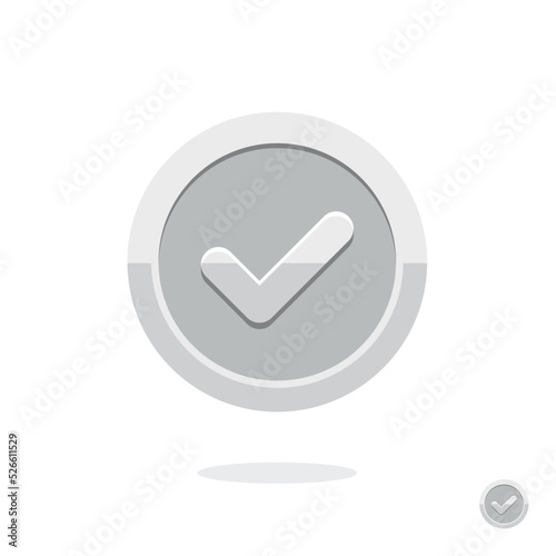 Coin icon. Silver medal. Coin with the Check mark. Premium quality. Achievement badge. Approval sign. Task done. Project completed. Check Mark. Certificate icon. Game coin. Money symbol. Vote mark.