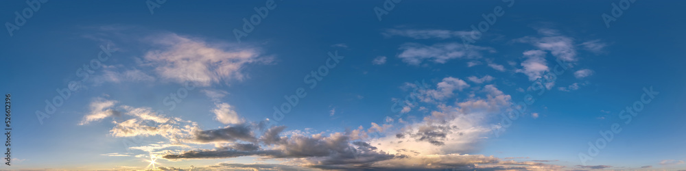 evening dark blue sky hdr 360 panorama with white beautiful clouds in seamless projection with zenith for use in 3d graphics or game development as sky dome or edit drone shot for sky replacement
