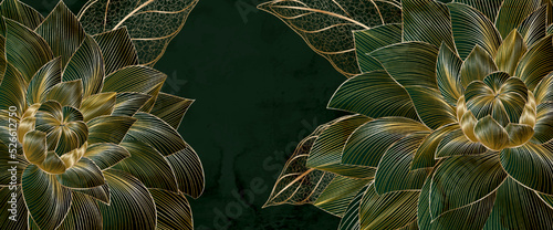Abstract luxury green art background with flowers in golden line style. Botanical dark banner for decor, print, wallpaper, textile, interior design.