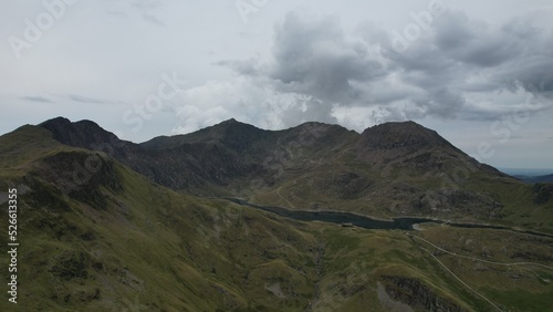 Snowdon and Snowdonia landscape, Wales, UK, aerial view photo