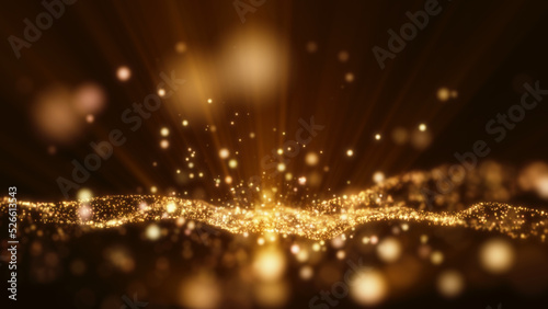 Yellow gold light ray shine glow particle abstract background.
