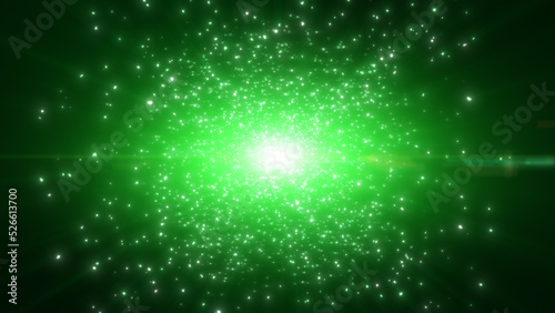 Fotografia Green dust particles explosion, Light ray beam effect.