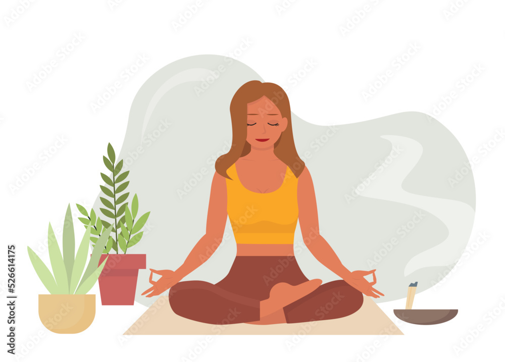 Flat style illustration. Young girl with closed eyes meditating to calm down, practicing yoga, sitting with her legs crossed on the floor. Palo santo wood stick cleanses space in the room. Flat style illustration. Young girl with closed eyes meditating to calm down, practicing yoga, sitting with her legs crossed on the floor. Palo santo wood stick cleanses space in the room.