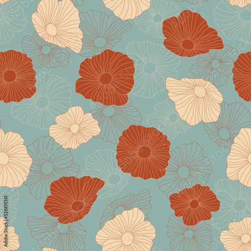 Simple and Cute Vintage Garden Cosmos Outlined Textiles for Fashion Seamless Repeat Pattern Design Blue Background 