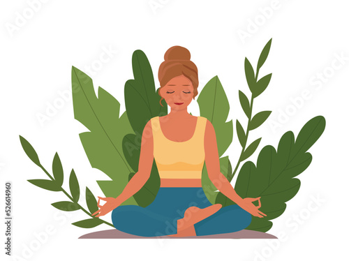 Flat style illustration. Young girl with closed eyes meditating to calm down, practicing yoga, sitting with her legs crossed on the floor. Mindfulness practice.
