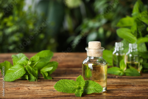 Bottle of mint essential oil and green leaves on wooden table, space for text