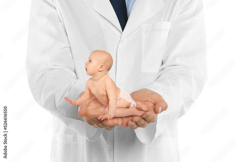 Surrogacy concept. Doctor holding cute little baby on white background, closeup Surrogacy concept. Doctor holding cute little baby on white background, closeup