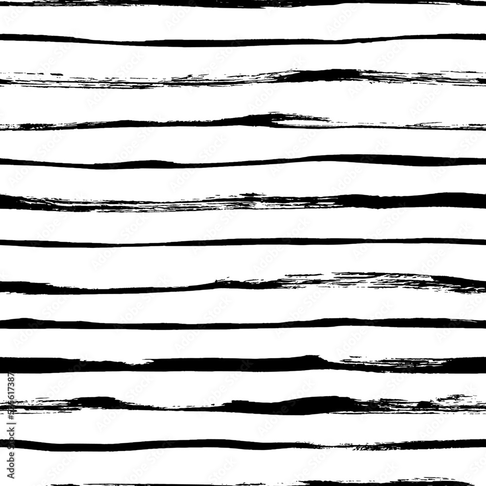 Seamless pattern with thin brush lines. Black and white seamless vector sailor stripes pattern. Classic black and white hand drawn stripes ornament. Simple horizontal lines. Tribal or ethnic ornament