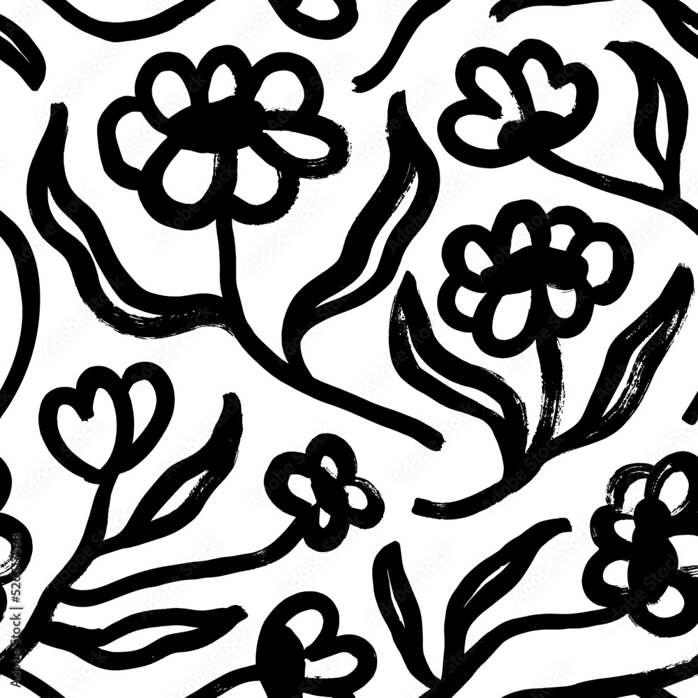 Flower geometric seamless pattern. Hand drawn black vector flowers in modern naive style. Chamomile and daisy stems. Ornament for fabric, wallpaper. Decorative retro print. Bold lines and brushstrokes