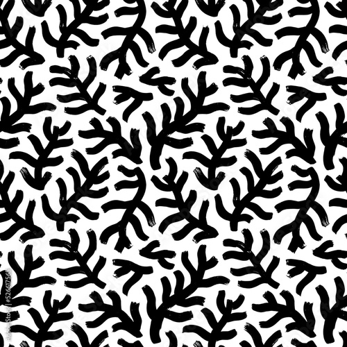 Black bold spruce branches seamless pattern. Hand drawn naive style, childish drawing. Seamless pattern with Christmas tree and pine fir branches. Stylized botanical elements. Christmas ornament.