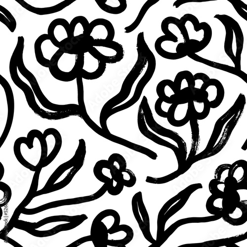 Flower geometric seamless pattern. Hand drawn black vector flowers in modern naive style. Chamomile and daisy stems. Ornament for fabric, wallpaper. Decorative retro print. Bold lines and brushstrokes