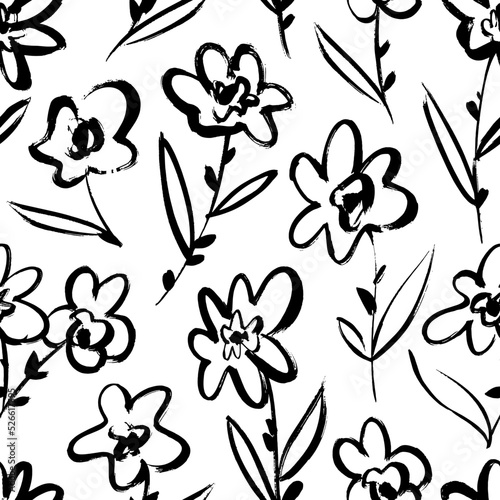 Seamless pattern with flowers stems. Hand drawn vector ornament in sketchy style. Exotic tropical flowers. Hand drawn abstract daisies and chamomiles with linear leaves. Botanical wrapping paper