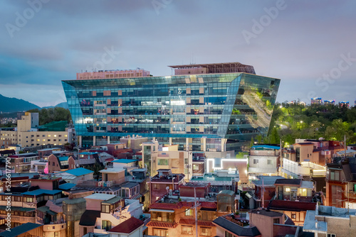 Photography Building architecture of Seoul Itaewon South Korea city skyline on a blue cloudy
