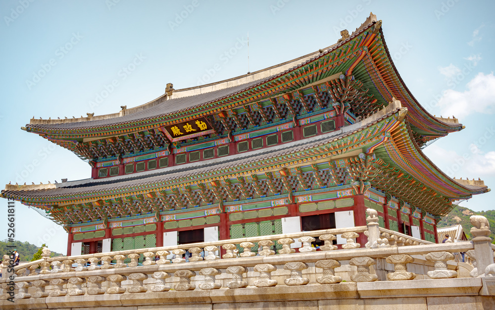 Colorful traditional wood Korean architecture temple kings throne room building main hall at Gyeongbokgung Palace in Seoul South Korea