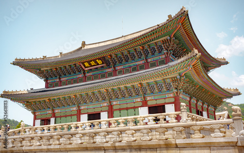 Colorful traditional wood Korean architecture temple kings throne room building main hall at Gyeongbokgung Palace in Seoul South Korea