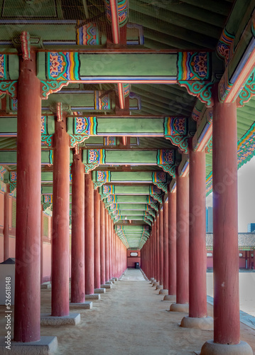 Photography Colorful traditional wood Korean architecture temple red and green pattern walkw